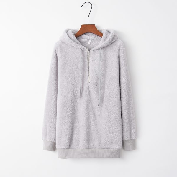 European And American Long Sleeve Hooded Solid Color Women's Fleece Pullover Coat - Image 8