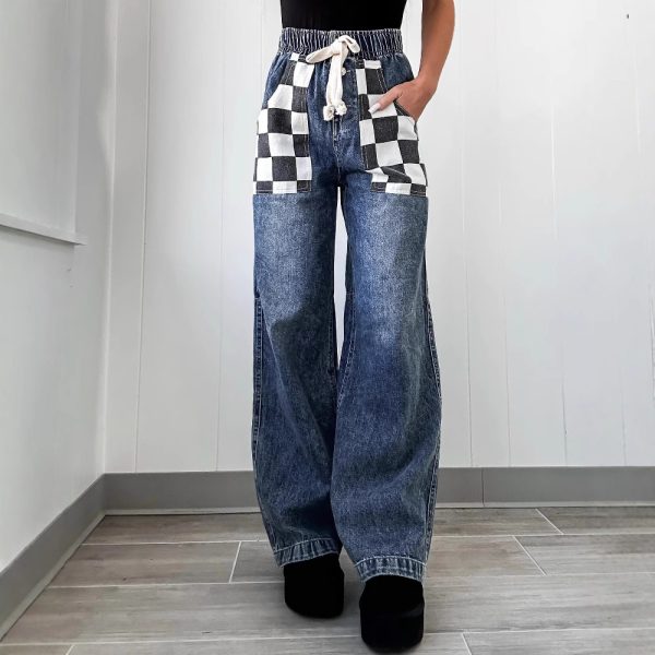 Loose Plaid Contrast Color Women's Denim Trousers - Image 2