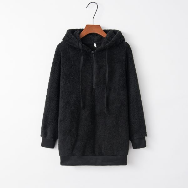 European And American Long Sleeve Hooded Solid Color Women's Fleece Pullover Coat - Image 4