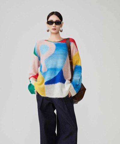 Design Color Block Splicing Knitwear Sweater For Women