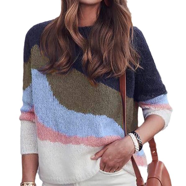 Round Neck Contrast Color Long Sleeve Pullover Casual Spring And Autumn - Image 3