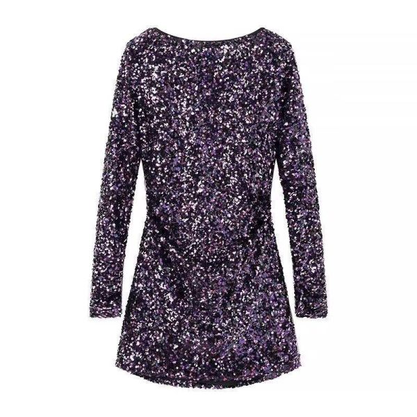 French Style Retro Crew Neck Long Sleeve Sequined Backless Dress - Image 5