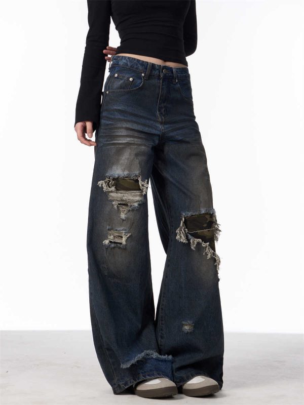 Distressed Camouflage Patch Ripped Jeans Women Loose Straight-leg Wide-leg Pants - Image 7