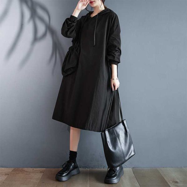 Korean Style Hooded Pullover Solid Color Plus Size Loose Pockets Large Swing Dress - Image 3