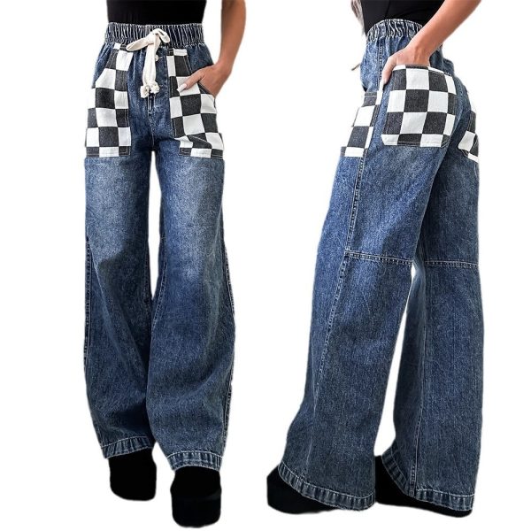 Loose Plaid Contrast Color Women's Denim Trousers - Image 5