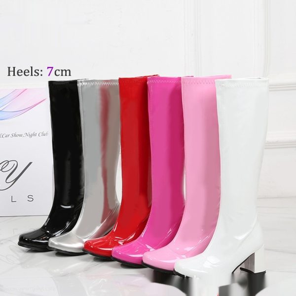 Patent Leather Stretch Chunky Heel All-matching Middle Boots - Image 2