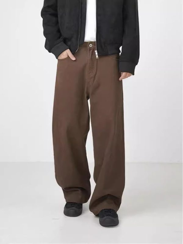 Washed Cotton Retro Brown Straight-leg Trousers - Image 5