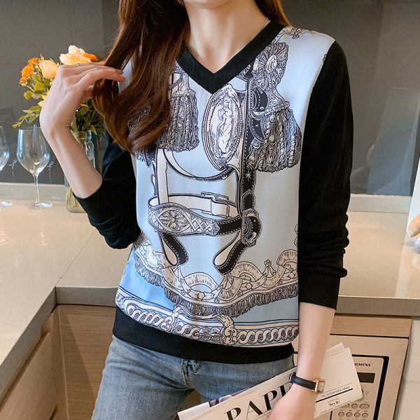 Patchwork Sweater Printed T-shirt Long Sleeve Pullover - Image 4