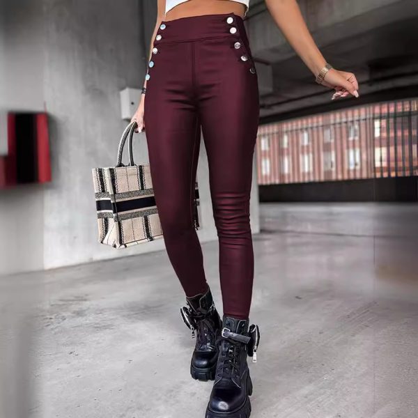 High Waist PU Leather Slim Fit Hip Raise Long Pants - Image 4