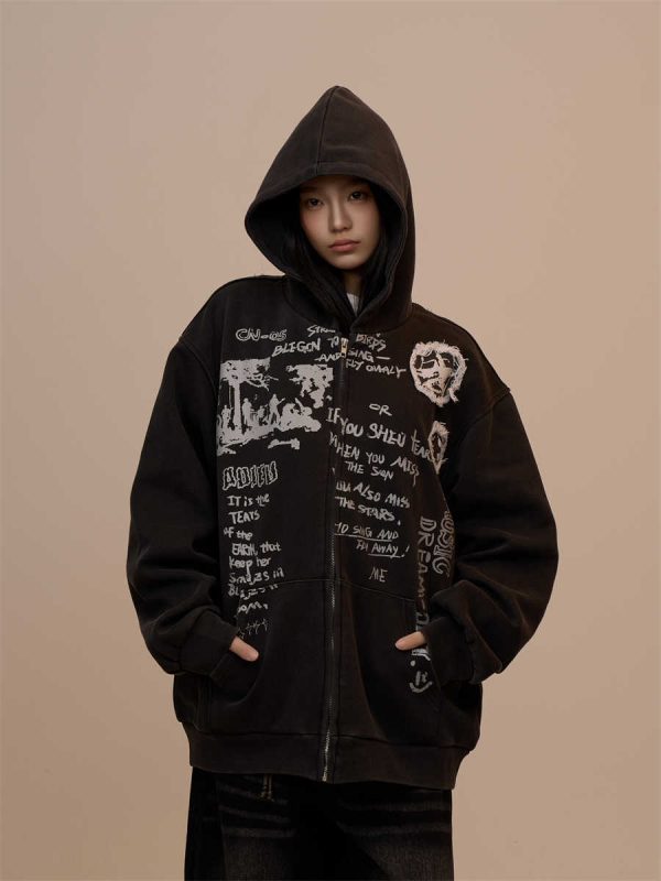 Sweater Women's Letter Printed Black Hooded Zipper Coat - Image 6