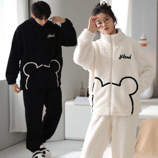 Flannel Couple Pajamas Men's Autumn And Winter Thickened Keep Warm New Zipper Cardigan Cute Coral Fleece Homewear - Image 3