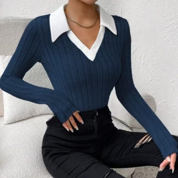 Ladies' Fashion Elegant Solid Color Long Sleeve Autumn Winter POLO Collar Fake Two Piece T-shirt Top Elegant Customization - Image 4