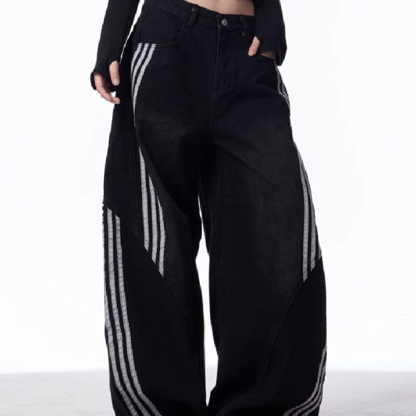 Retro Washed Jeans Women's Striped Stitching Wide-leg Pants