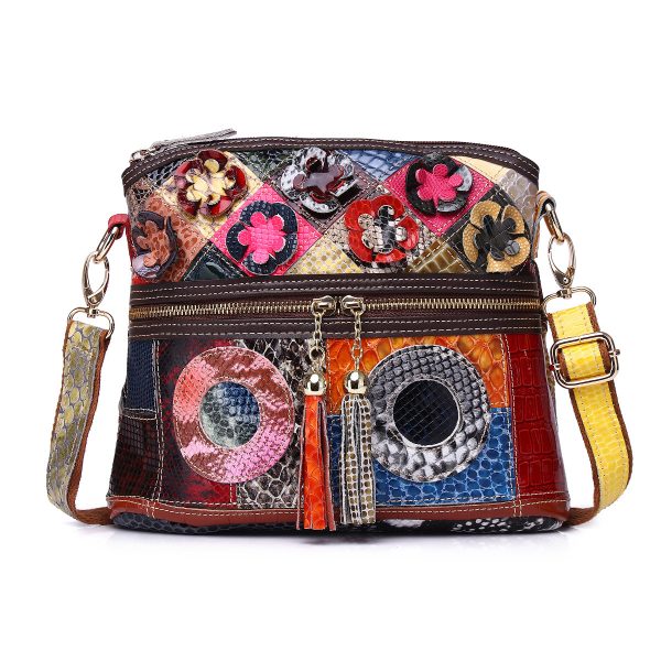 Genuine Leather Serpentine Color Handmade Casual Daily Tassel Flowers Shoulder Messenger Bag For Women - Image 2