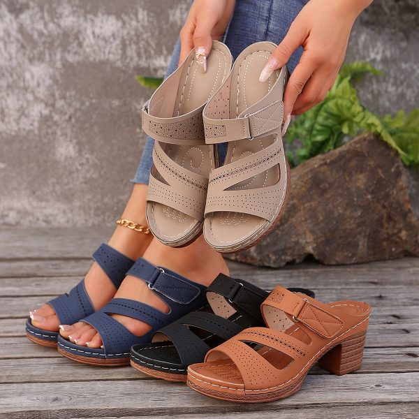 Square-heeled Peep-toe Slides Shoes Summer Casual Chunky Heel Sandals Solid Color Slippers - Image 2