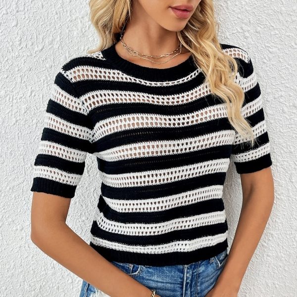 Hooded Striped Fashionable Short Sleeved Patchwork Women's Knitted Sweater - Image 3