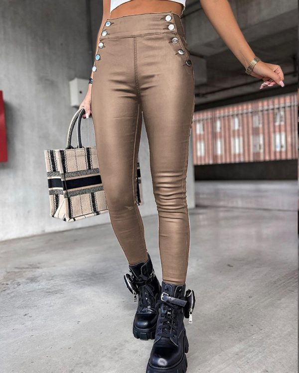 High Waist PU Leather Slim Fit Hip Raise Long Pants - Image 8