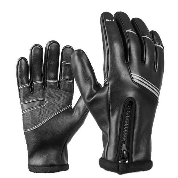 Winter Fleece-lined Thermal And Windproof Riding Leather Gloves - Image 5