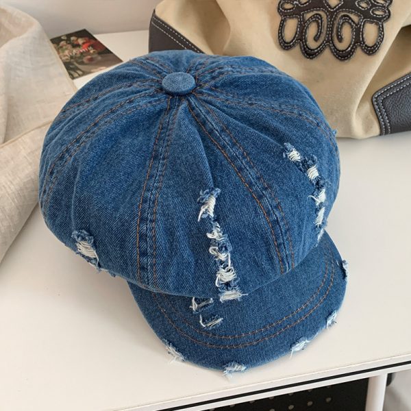 Retro Make Old Ripped Denim Beret Women - Image 6