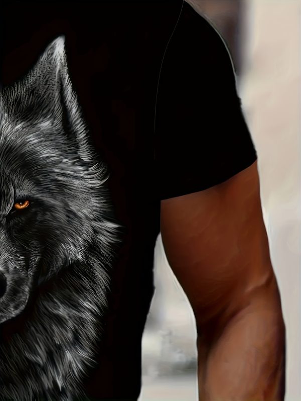 3D Digital Cool Wolf Contrast Color Eye Pattern Round Neck T-shirt, Men's Summer Outdoor Activity Fashion Top - Image 3