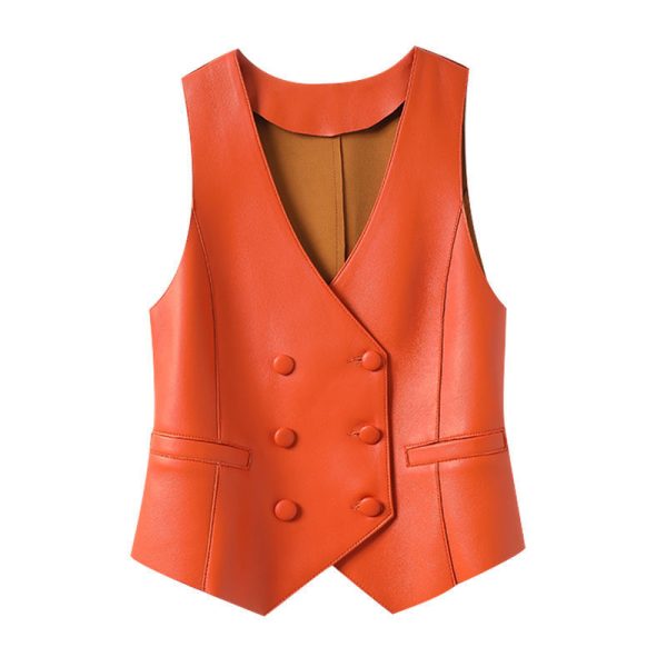 Leather Coat Western Style Double Breasted Vest Short Slim Fit Slimming - Image 5